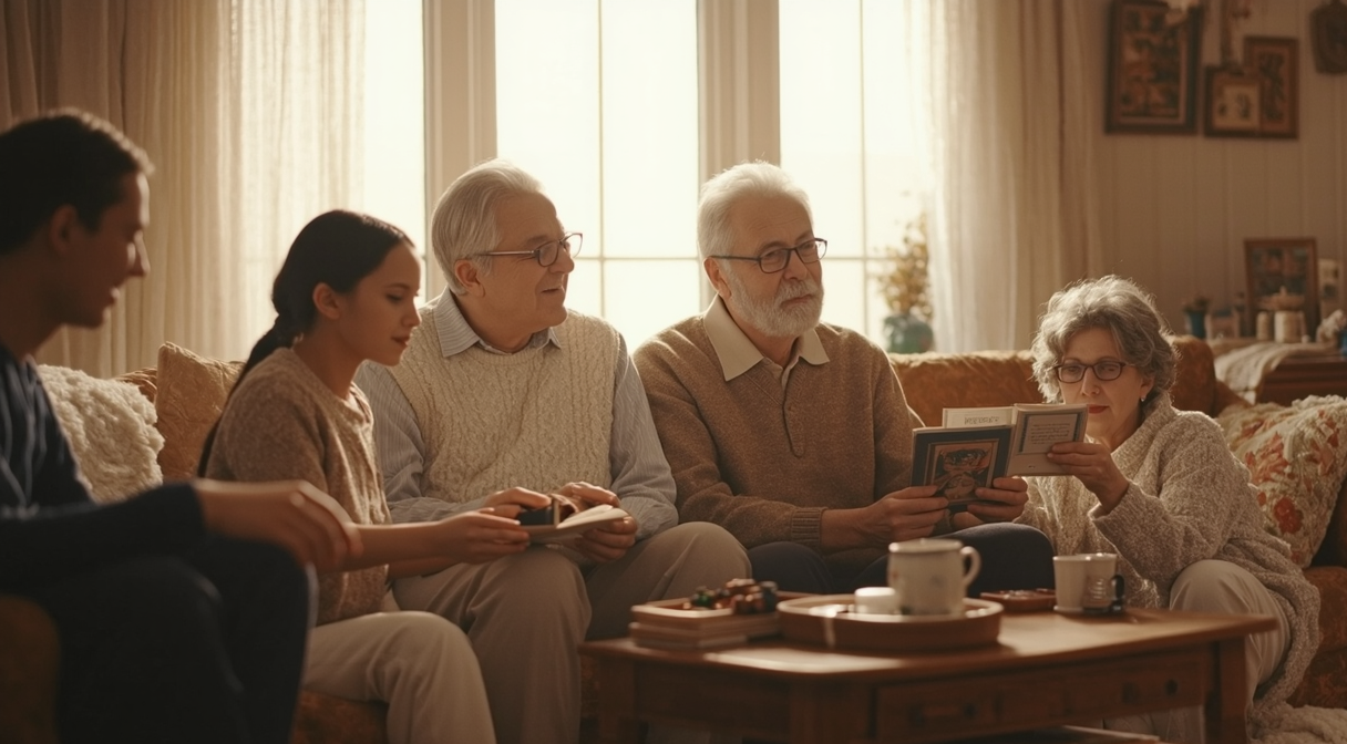 A softly lit living room with a multigenerational family gathered together, sitting comfortably on couches and chairs in a warm, peaceful atmosphere.